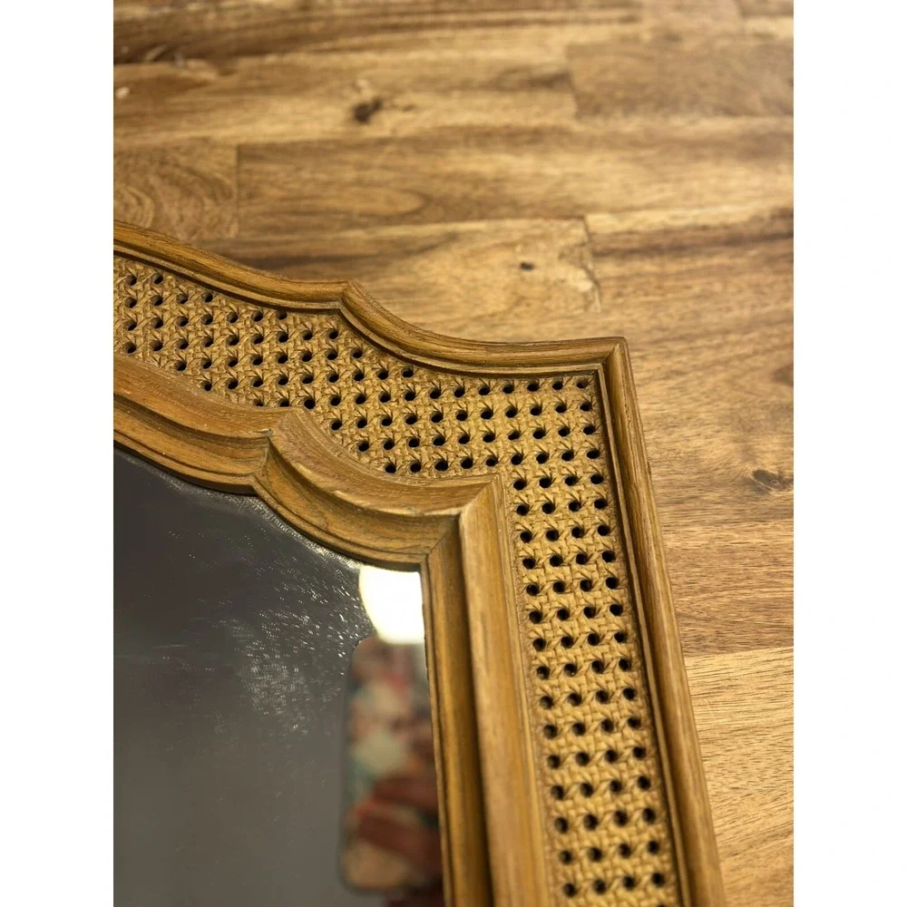 MCM Faux Woven Rattan Wicker Hanging Wall Mirror Plastic Retro Boho